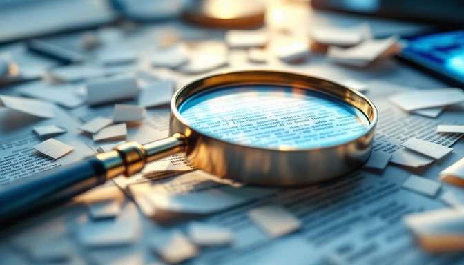 Magnifying glass over research documents